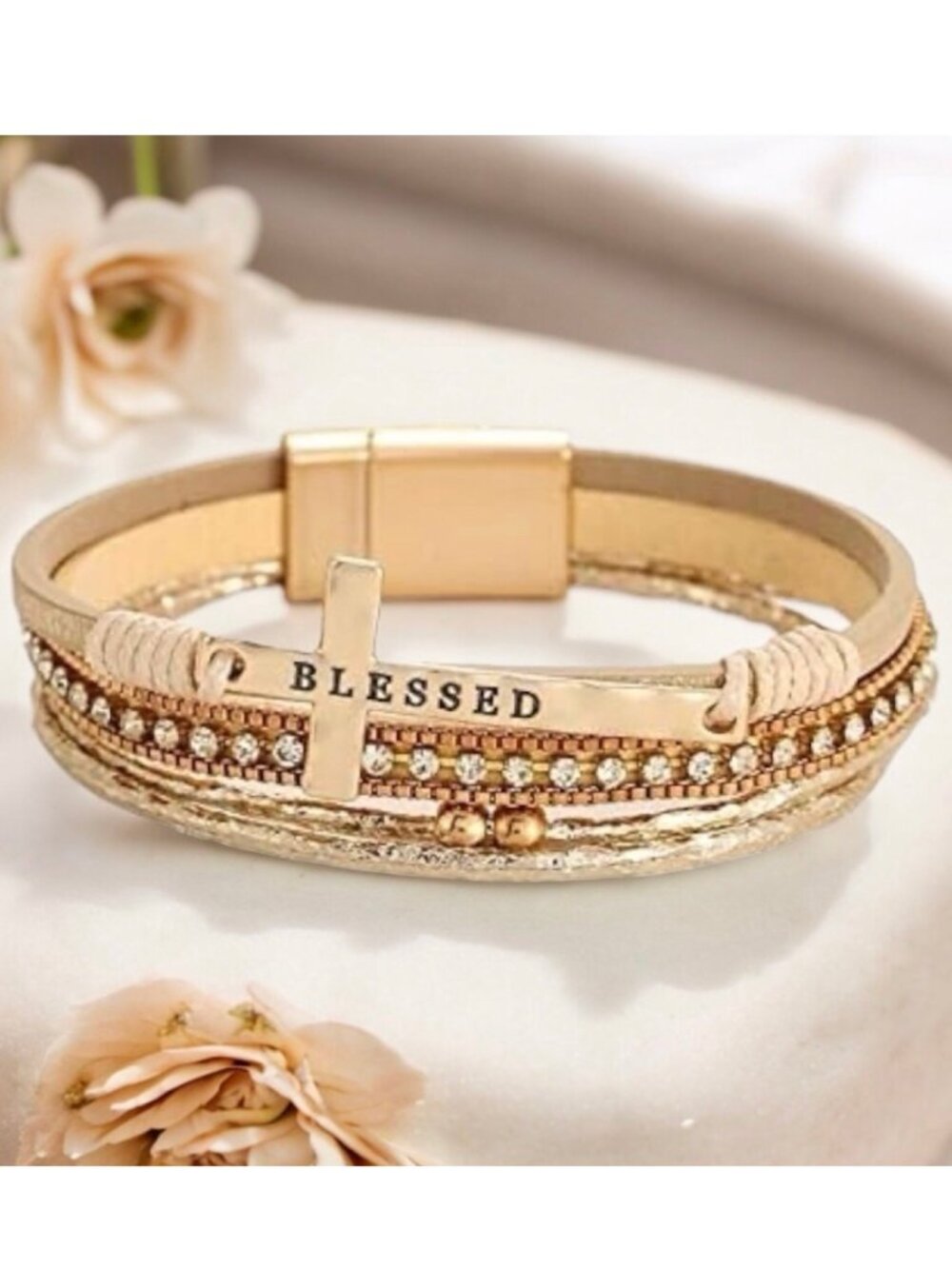 NWT Gold Leather Inspirational Blessed Christian Cross Boho Wrap Cuff Bracelet